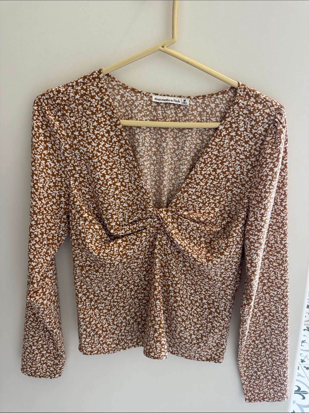 Abercrombie & Fitch Burnt Orange and White Floral Twist-Front Long Sleeve Top